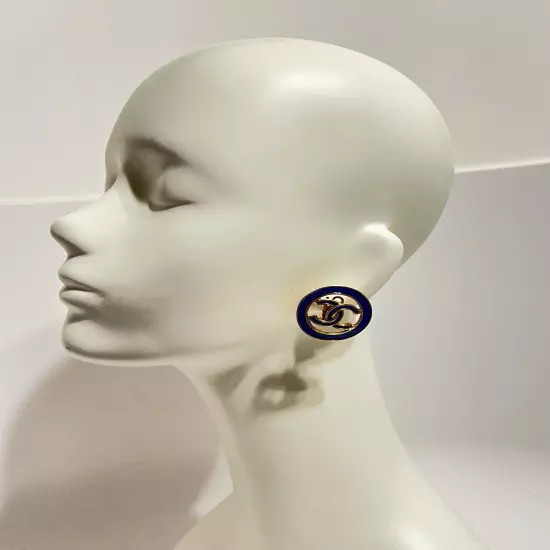 Vtg Chanel Resort 1993 Gold Blue CC Logo Clip Earrings 