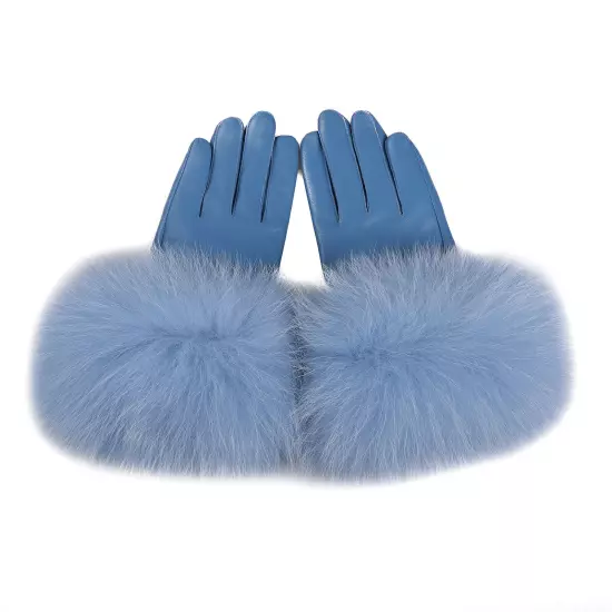 Women Genuine Lambskin Leather Gloves With Real Fox Fur Trim Cuff Winter Warm