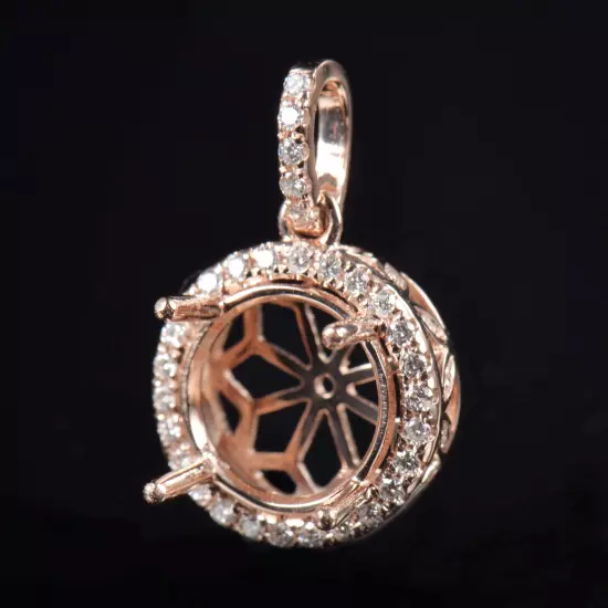 Round 10mm Natural Diamond Semi Mount Women Pendant Setting Solid 14K Rose Gold