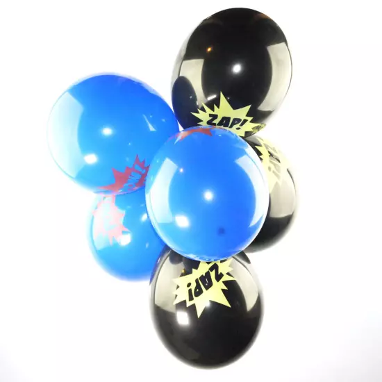 10x Black Blue Zap Pow! Superhero Comics Kids Birthday Party Latex Balloons