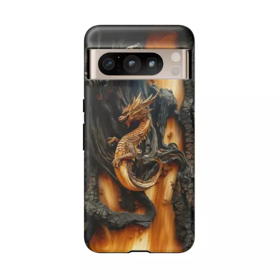 For iPhone, Samsung Galaxy, Pixel - Phone Case Cover - Carved Wood Dragon Print