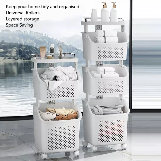 Rolling Laundry Hamper PP ABS Laundry Shelf Clothes Storage Basket Organizer