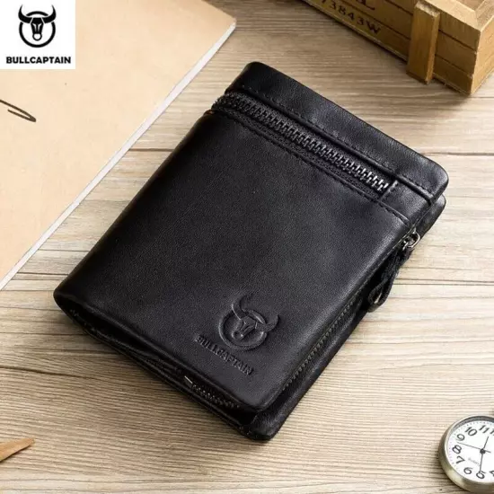 BULLCAPTAIN Retro Genuine Leather RFID Mens Wallet Card ID Holder Zipper Purse