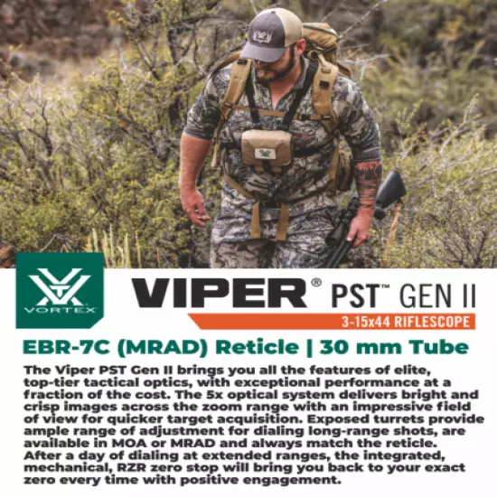 Vortex Optics Viper PST Gen II 3-15x44 Riflescope EBR-7C MRAD with Rings and Hat