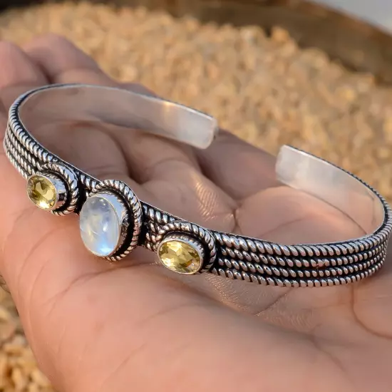 Moonstone, Citrine Topaz Gemstone Bracelet 925 Sterling Silver Man's Cuff Bangle