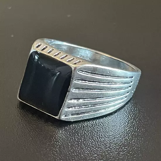 Cool Black Obsidian Stone S925 Silver Plated Men Women Statement Ring 