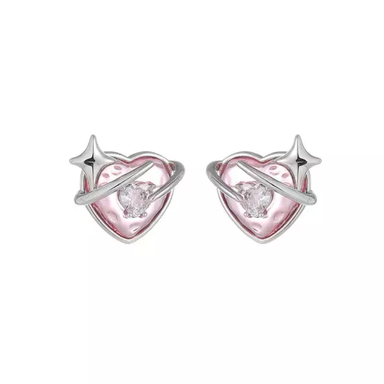 Brass White Gold-plated Heart-shaped Four Eight-pointed Stars Zircon Stud Earrin