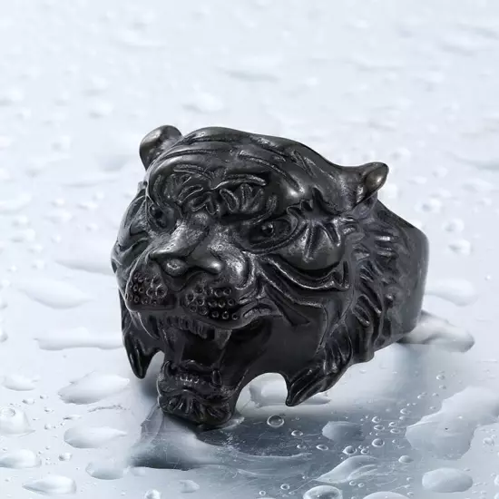 Gothic Black Tiger Head Ring Stainless Steel Men's Animal Tiger Biker Ring Punk