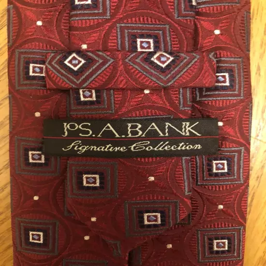 Jos. A. Bank Signature Silk Tie, Red Blue Brown & White Geometric Design