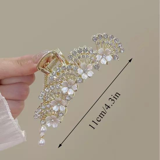 Large Rhinestone Hair Claw Pearl Flower Tassels Fan-shaped Metal Ponytail Clip