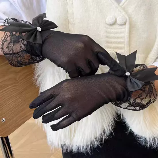 Women Short Bow Lace Floral Gloves Gothic Bride Wedding Mittens Sunscreen Gloves