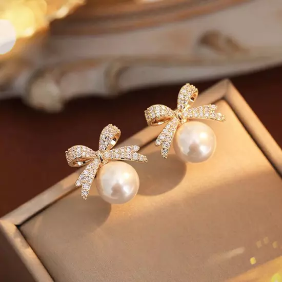 1Pair Vintage Bow Stud Earrings Rhinestone Pearl Bowknot Earrings Jewelry Gifts