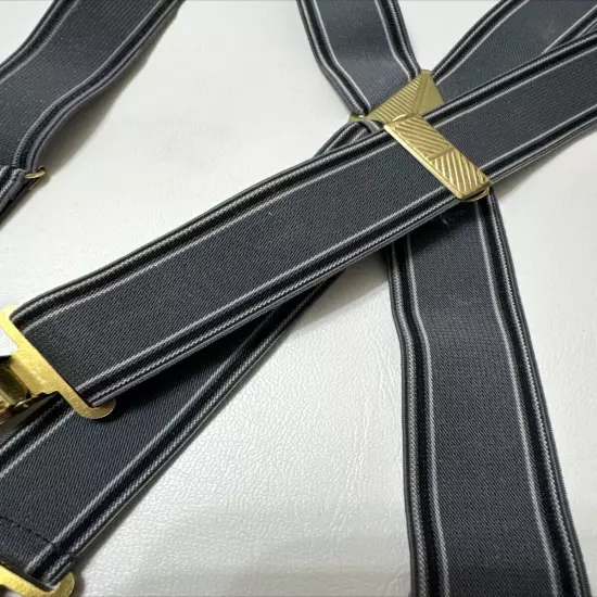 Vintage 50’s Suspenders Gray and Black Stretch Clip On Gold Rockabilly