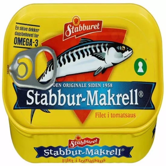 Norwegian Stabburet "Makrell i tomat" - Mackerel in tomato sauce. 125 grams tin