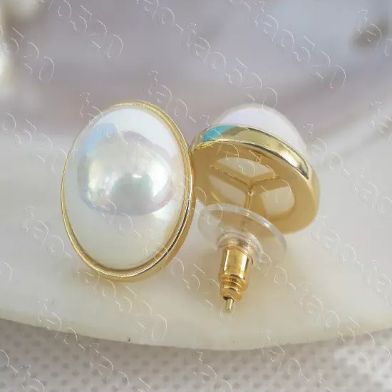 AAA Studs 16mm white South Sea shell Mabe Pearls Earrings 925 silver post c1315t