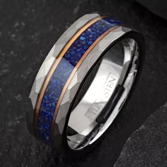 Black Tungsten Carbide Blue Lapis Lazuli Rose Gold Plated Wedding Band Ring