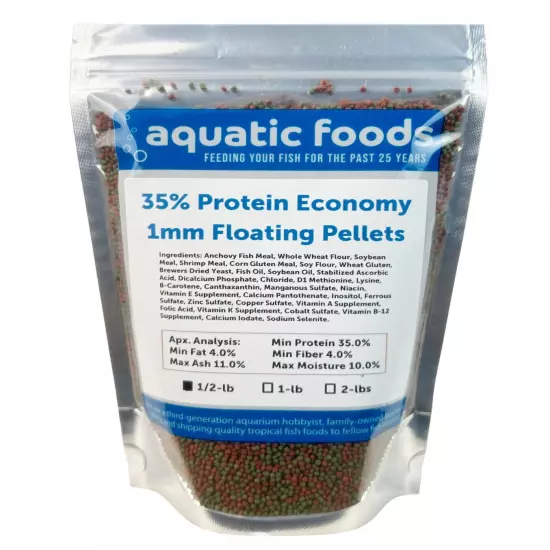 1mm - 1/32" 35% Protein Economy Floating Pellets for Tropicals & More. WL