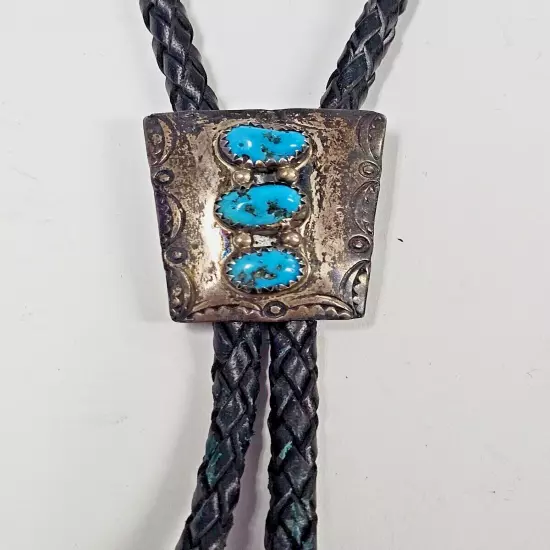 Native American- Turquoise 3 Stone Stamped Bolo Tie