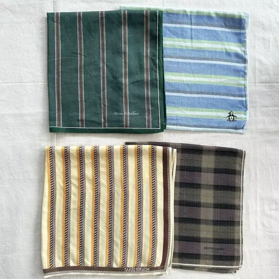 Set of 4 Handkerchief Vintage Cotton Striped & Ckeck Plaid Art Pocket Square 18"