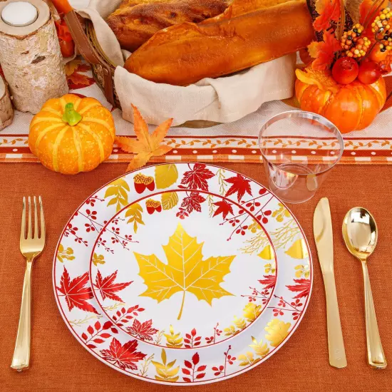 KIRE 150PCS Thanksgiving Plates Dinnerware Maple Leaves - Plastic Thanksgivin...