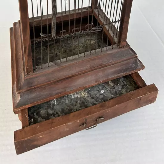 Vintage Bird Cage 30" Pagoda Style Brown Wood & Wire Large Floor Standing Cage