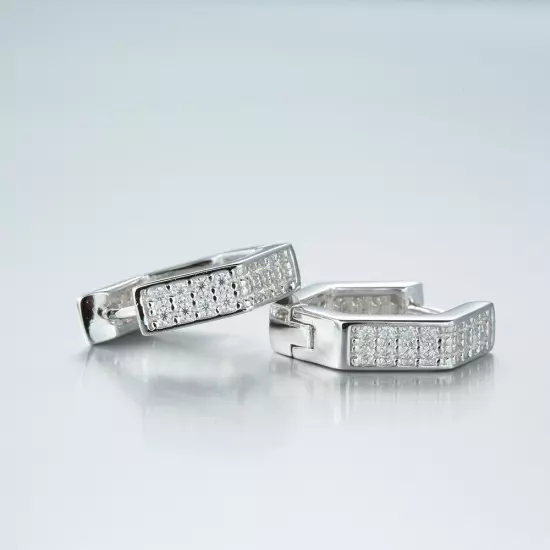 Mens 925 Sterling Silver Iced Moissanite Hexagon Hip Hop Huggie Hoop Earrings