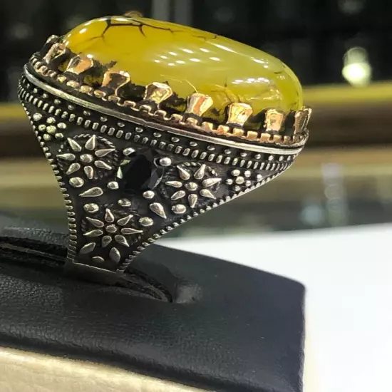 Men Silver Ring 925 Sterling Yemen Aqeeq Agate خاتم عقيق يمني شجري مصور حبة فحل