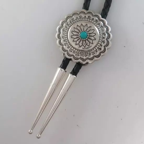 Sterling Silver & Turquoise Round Stamped Southwestern Concho Bolo Tie