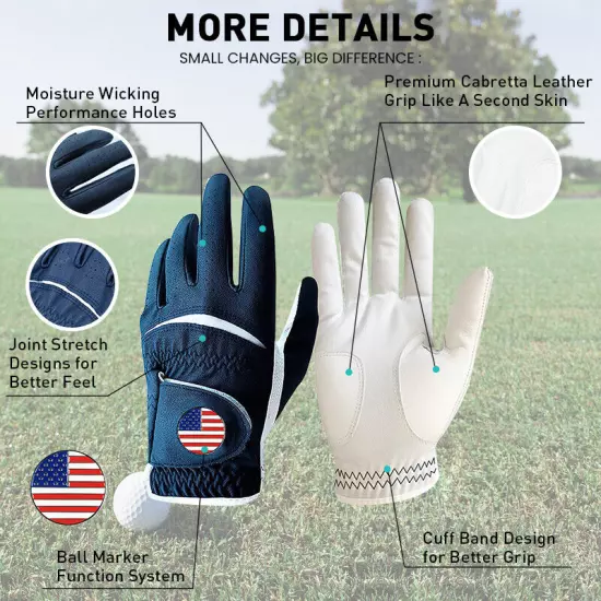 Golf Gloves Men Right Handed Golfer Left Hand with Ball Marker 2 Pack Leather US