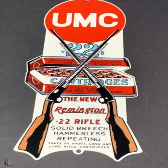 VINTAGE REMINGTON UMC .22 RIFLE AMMO METAL 12" GUN SIGN WINCHESTER CARTRIDGES