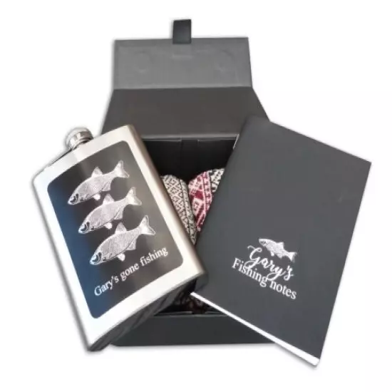 Personalised Fishing gift box socks, notebook, hip flask fisherman christmas box