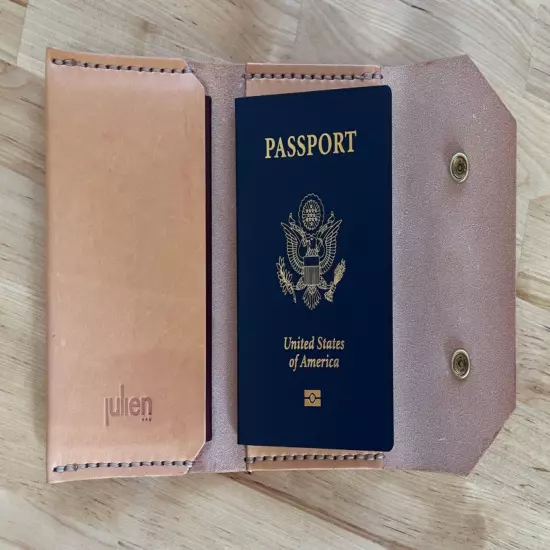 Handmade Passport Wallet, Cover - Smooth Natural Cow Leather - Snap Closing