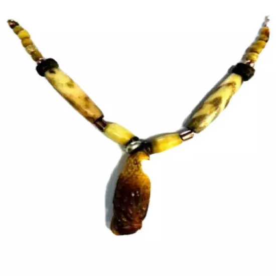 Hand Carved Eagle (Antler) Mountain Man/Woman Beaded Necklace, Hematite, Brass