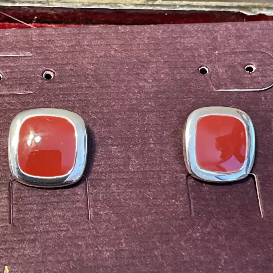 Premier Designs Silver Tone & Red Enamel Square Retired Stud Earrings ~1/2"