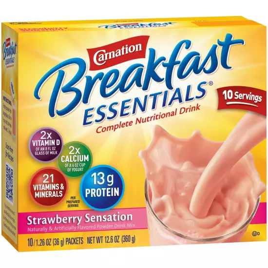 Carnation Breakfast Essentials Nutritional Drink Mix, Strawberry Sensation 10ct.