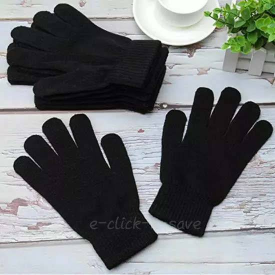 12 Pair Bulk Solid Black Thermal Warm Winter Magic Gloves Knit Elastic Lot