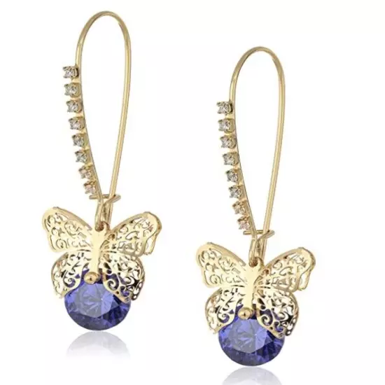 Betsey Johnson Filigree Butterfly Earrings Gold Tone Blue Cubic Zirconia NEW