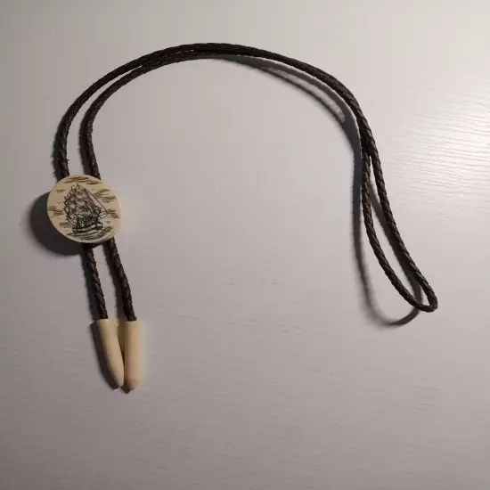 Vintage Scrimshaw Bolo Tie With Ship