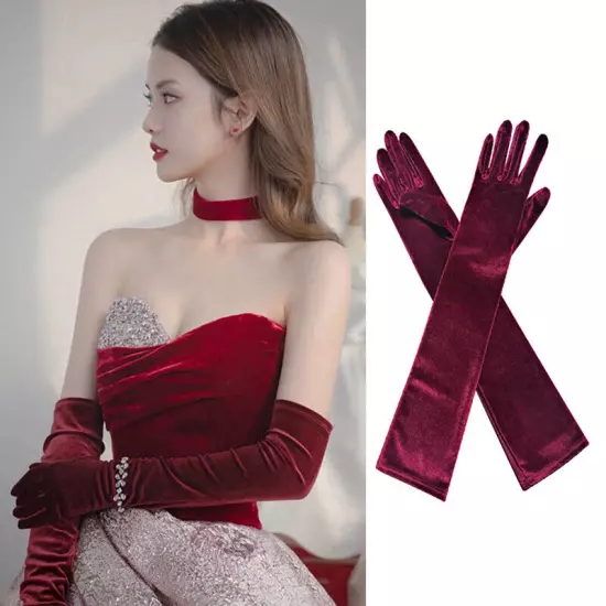 Xmas Noble Banquet Style Women Velvet Long Dinner Dress Gloves Warms Gloves#