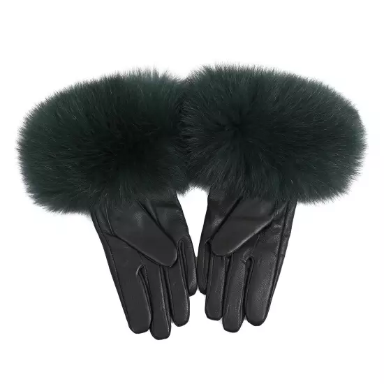 Women Genuine Lambskin Leather Gloves With Real Fox Fur Trim Cuff Winter Warm