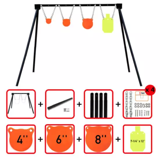 AR500 Steel Shooting Target Stand System(Stand, Chains&4"6"8" Gong+7"x 12"Torso)