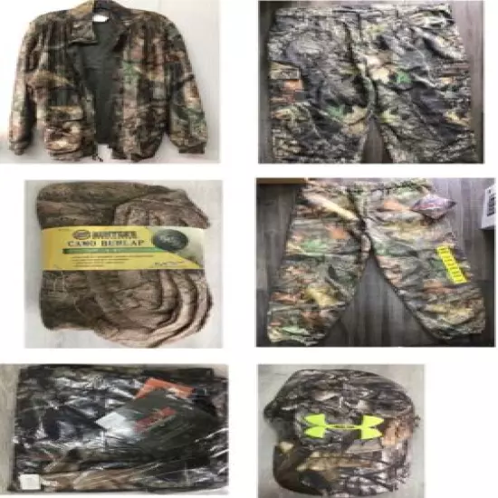 (LOT OF 6) Camo Items - 1 Jacket, 3 Pants, 1 Hat, 1 Burlap - NEW & USED