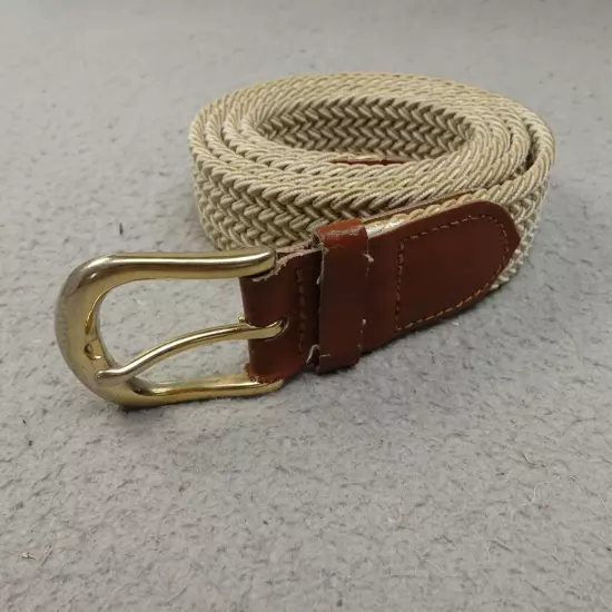 Mens Stretch Belt Golf Tan Beige Brown Leather Woven Web Brass Buckle 41 in Sz M