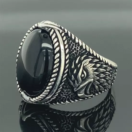 925k Silver Black Onyx Gemstone Ring Men Handmade Eagle Model Ring