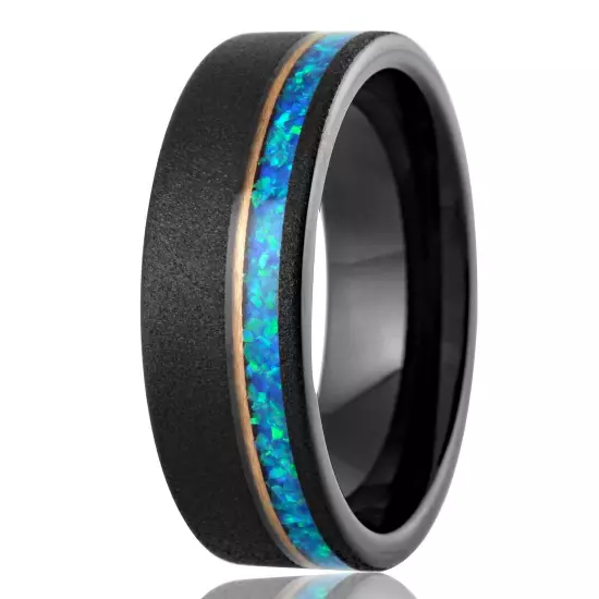 8mm Black & Rose Gold Plated Tungsten Carbide Blue/Teal Opal Wedding Band Ring