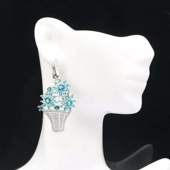 Beautiful Rich Blue Aquamarine White CZ Woman's Present Silver Earrings