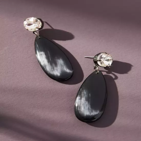 NWT ANTHROPOLOGIE JEWELRY OVAL RESIN GLASS CRYSTAL DROP PIERCED EARRINGS BLACK