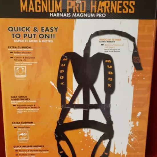 MUDDY OUTDOORS MAGNUM PRO PADDED ADJUSTABLE TREESTAND HARNESS SYSTEM, BLACK- NEW