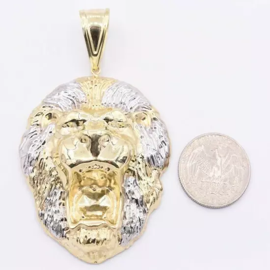 3" Roaring Lion Head Two-Tone Diamond Cut Pendant Real 10K Yellow White Gold