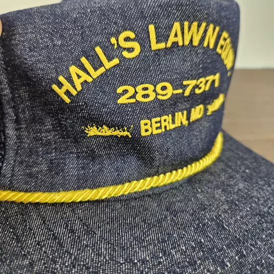 Vintage Blue Snap Back Rope Trucker Hat Halls Lawn Equip Berlin MD USA